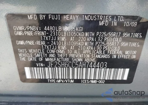 2010 Subaru Forester 2.5X Premium z USA, uszkodzony, nr VIN JF2SH6CC5AH744403